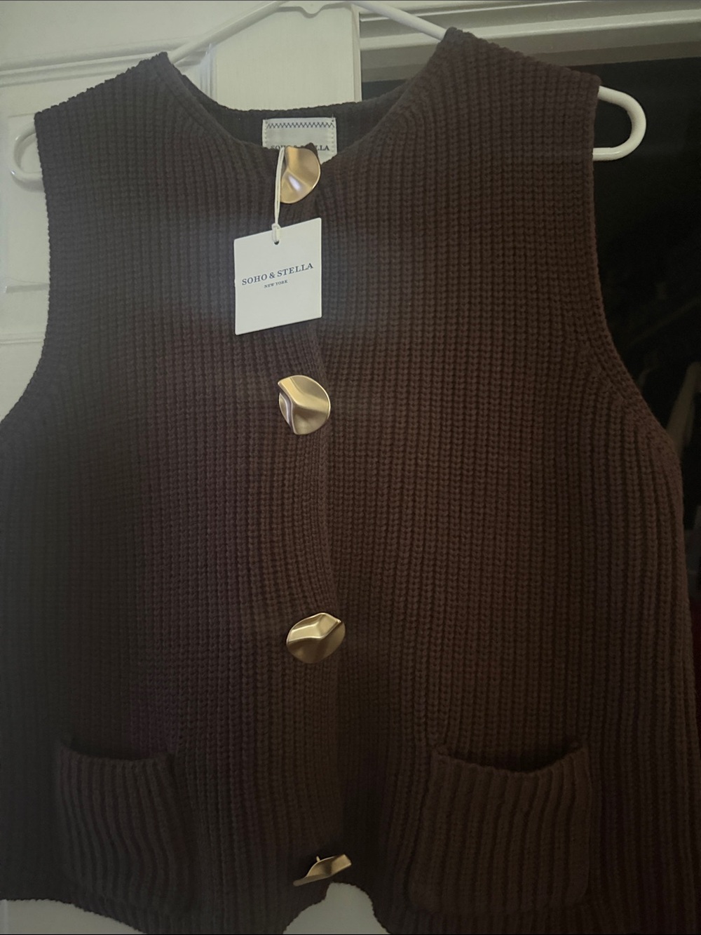SOHO & STELLA Ribbed sweater vest in Deep Brown with Gold Buttons